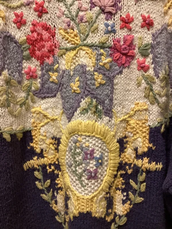 Embroidered Floral Crewneck Sweater in Purple and Cream - Image 2