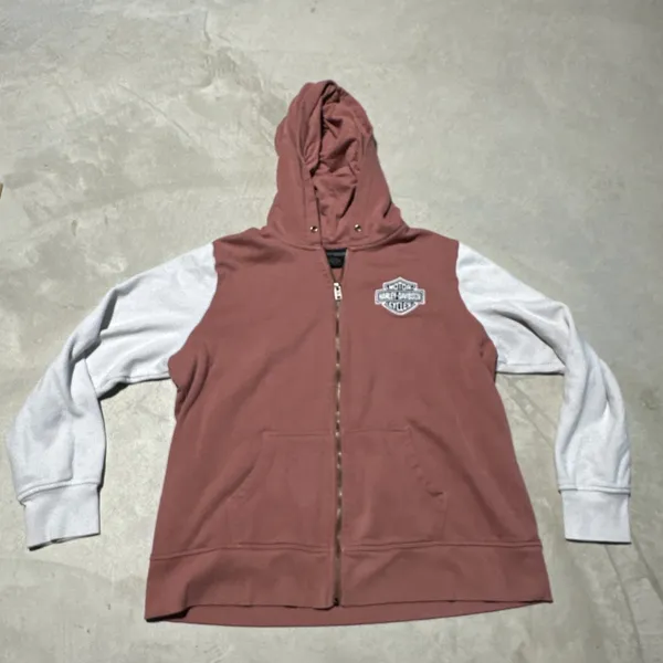 Harley Davidson Women's SZ 2XL Light Pink Hooded Zippered Sweater Embroidered - Image 7