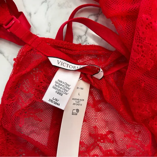 NWT Victoria’s Secret Red‎ Sheer Lace Plunge Babydoll Garter Lingerie Size Large - Image 3