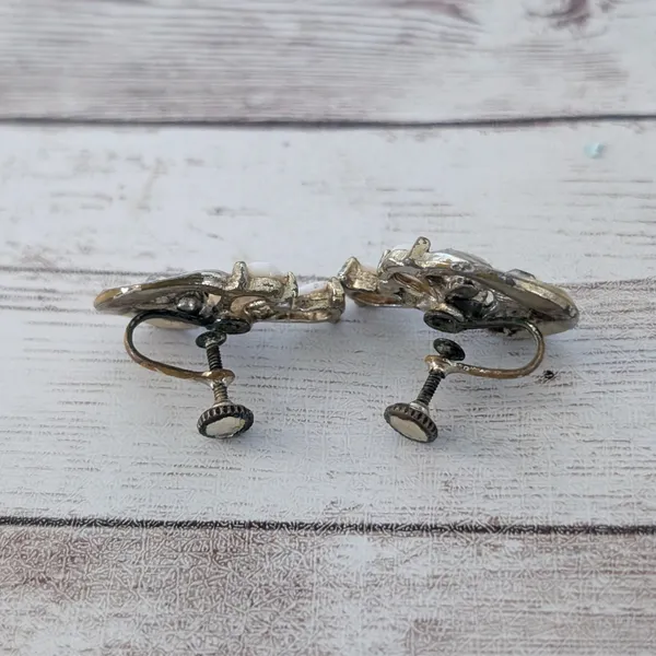 Vintage Screw On Earrings Gold Tone, Clear & White - Condition Issues - Image 7
