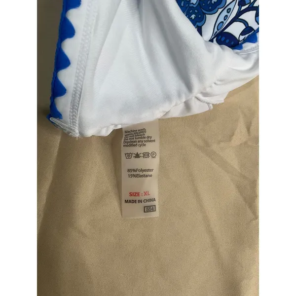 Womens Blue White Floral High Waisted Bikini Set Scallop Trim XL - Image 9