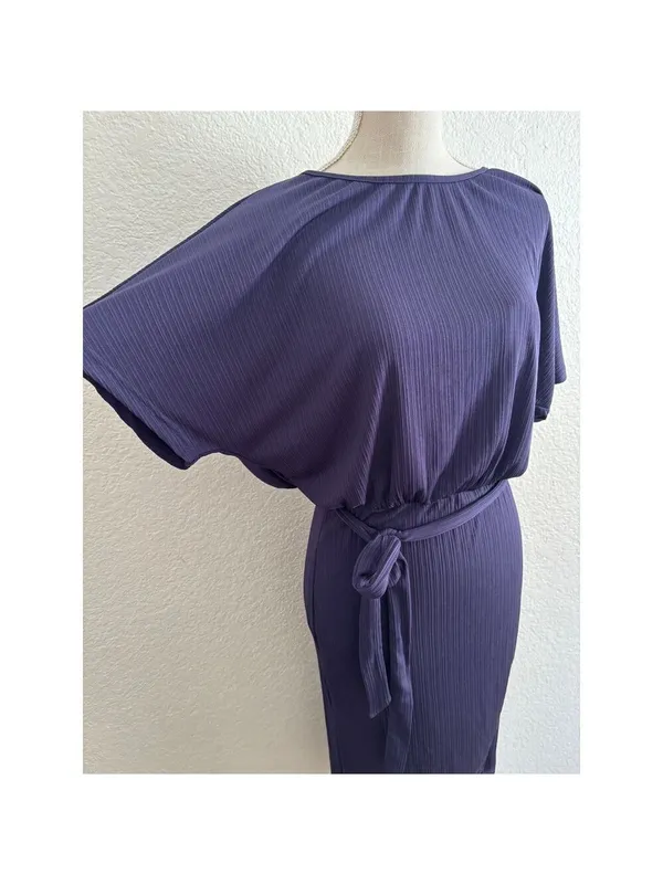 Shein Plisse Ribbed Midi Dress Womens Size Large Purple Belted‎ Dolman Boat Neck - Image 3