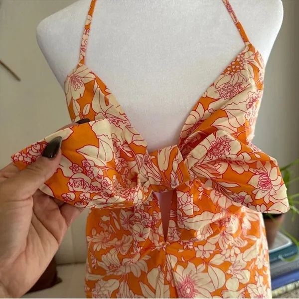 J. CREW Tie Front 100% Cotton Poplin Midi Loose Fit Dress in Orange Floral Small - Image 11
