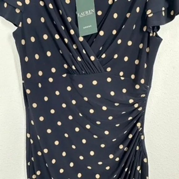 Lauren Ralph Lauren Navy Blue Tan Polka Dot Ruched Sheath Dress‎ Size 8 NWT - Image 7
