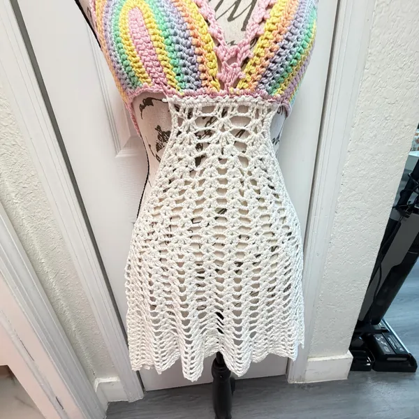 Love Tease ✨ Love Sense Crochet Rainbow Halter Mini Dress Cover Up S/M Pastel Festival Boho ✨ - Image 8
