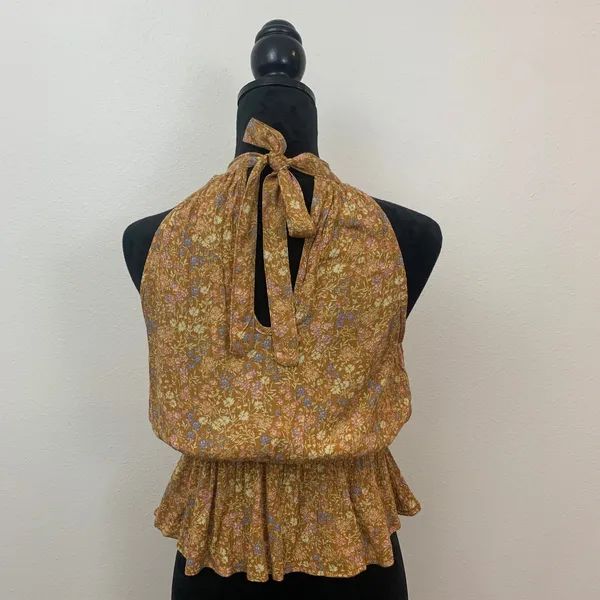 Japna Floral Halter Peplum Womens S Top Mustard Yellow Smocked Tie Back - Image 2