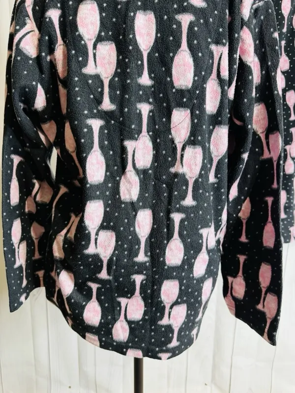 Charter Club Intimates Pajama Set Sz L Black Pink Wine Glasses Fleece Pockets - Image 9