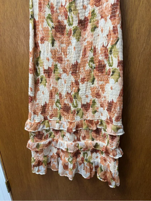 Abercrombie & Fitch Smocked Short Sleeve Floral Ruffle Midi Dress Orange Small - Image 6