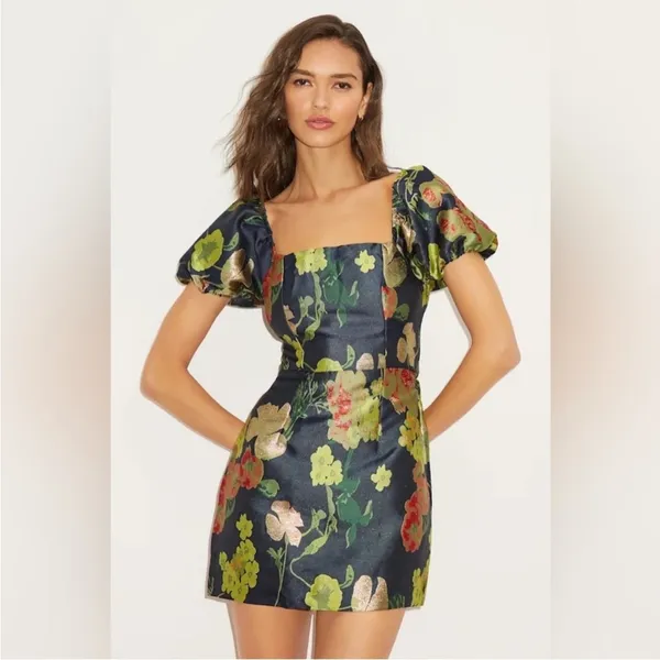 LULUS So Stunning Metallic Jacquard Puff Sleeve Mini Dress – Size M - Image 2
