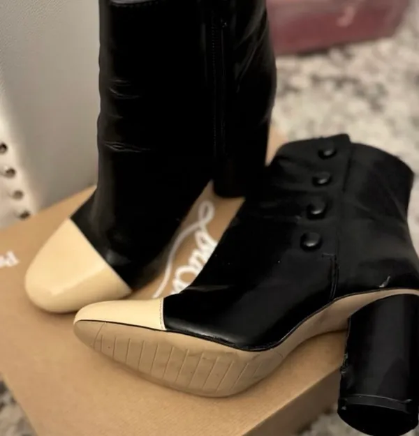 Zara Black High Heeled Ankle Boots with Cream Capped Toe - Image 6