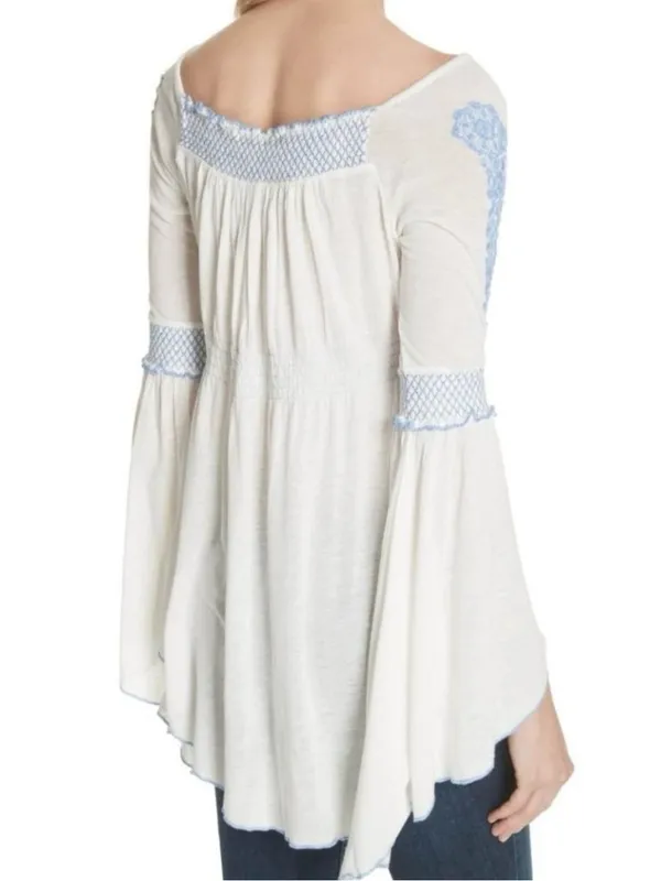 Free People Valley Linen Blend Embroidered Bell Sleve Top Size M - Image 2