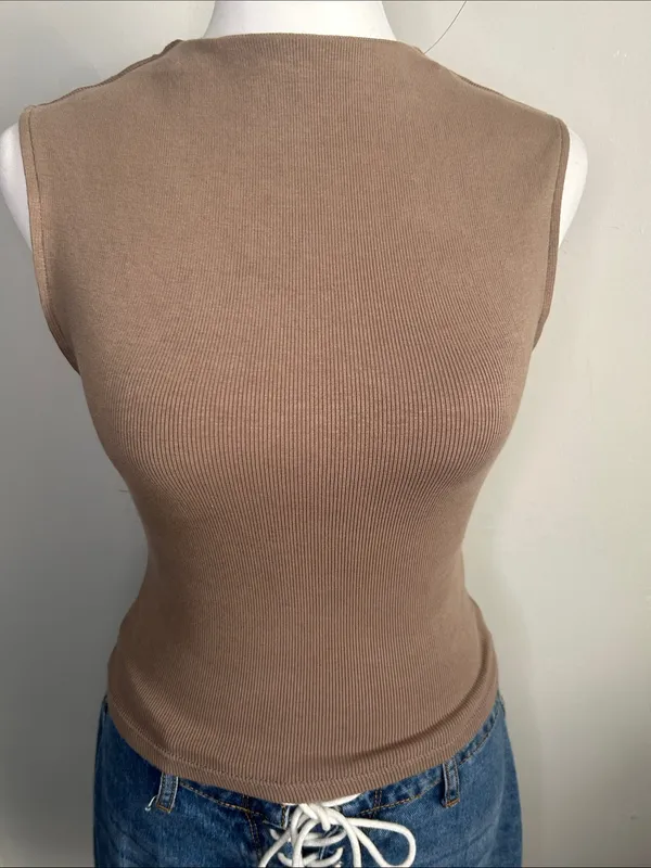 Zara Sleeveless Ribbed Cotton Blend Knit Mock Neck Tank Top - Taupe Brown - Image 2