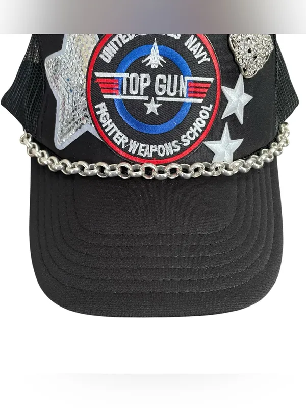 OTTO Top Gun Trucker Hat Black Embellished Chain Rhinestone Patch One Size - Image 2