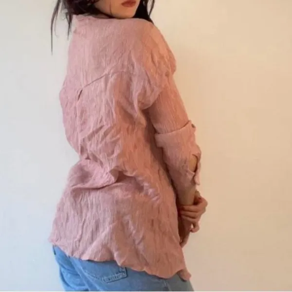 Zara Pink Crinkle Textured Button-Up Blouse - Size M - Image 10