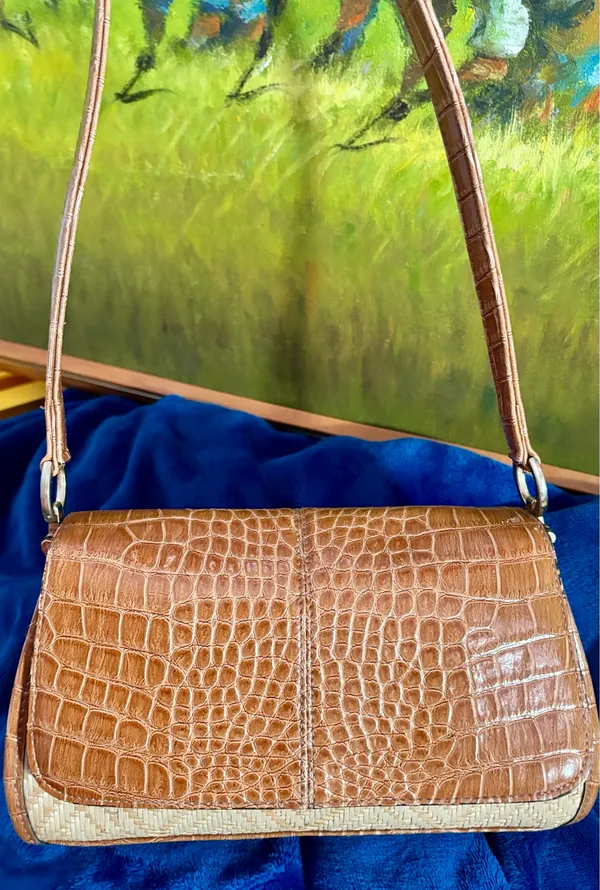 Liz Claiborne VTG 90s Boho Croc Embossed Synthetic Leather & Woven Straw Shoulder Bag - Image 14