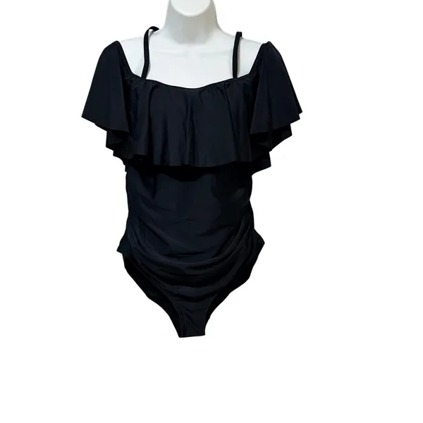 PinkBlush Maternity Ruffle Off Shoulder One Piece Swimsuit Black Medium EBM1000 - Image 3