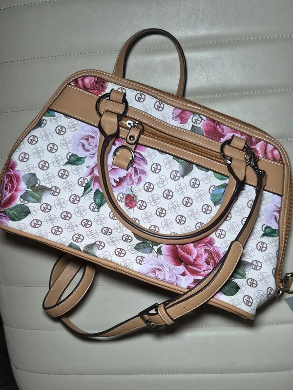 Giani Bernini Floral Logo Bag Purse Satchel in Tan and Pink Shoukder Crossbody - Image 3