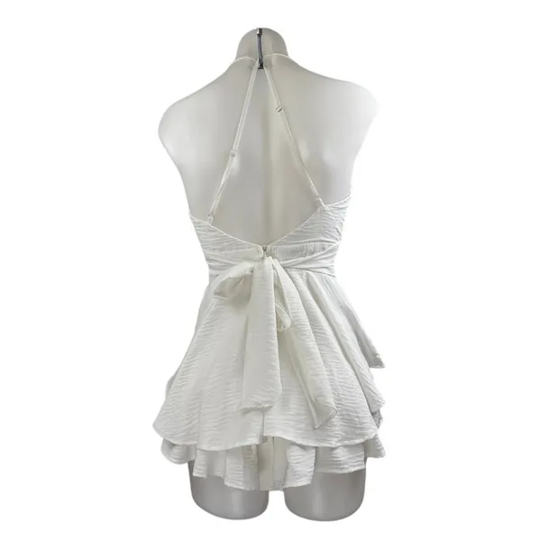 Lovesong White Sleeveless V Neck Tiered A Line Flare Tie Romper Shorts Size S - Image 3
