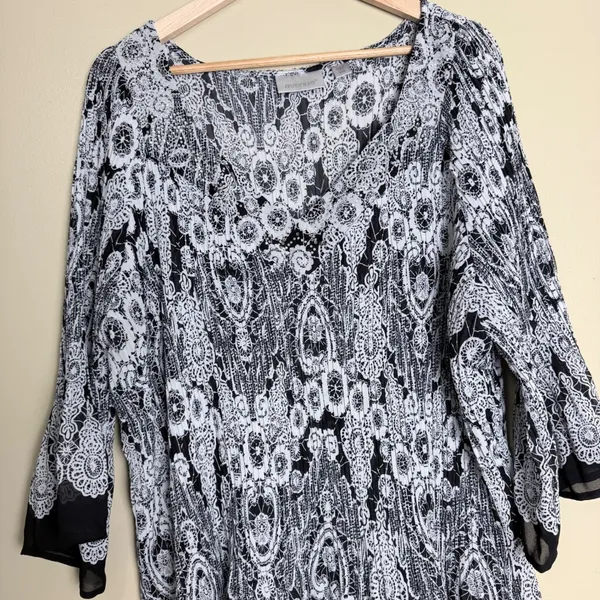Avenue Blouse 30/32 Black White Whimsigoth Rhinestone Pleated Bell Sleeve Tunic - Image 11