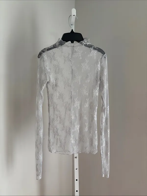 Free People Lace Luxe Sheer Layering Top Mock Neck Light Gray Size XS Feminine - Image 4