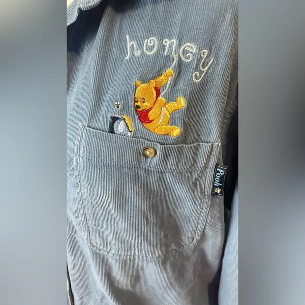 Vtg 90s Disney Winnie The Pooh Eeyore Blue Corduroy Button Up Shirt "Honey" - Image 5