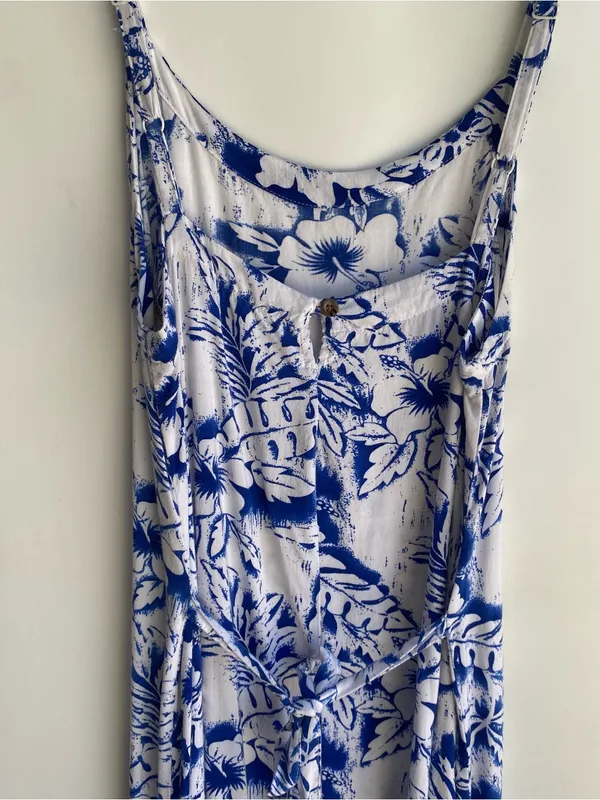 Caribbean blue white tropical Hawaiian print spaghetti strap maxi sun dress - Image 6