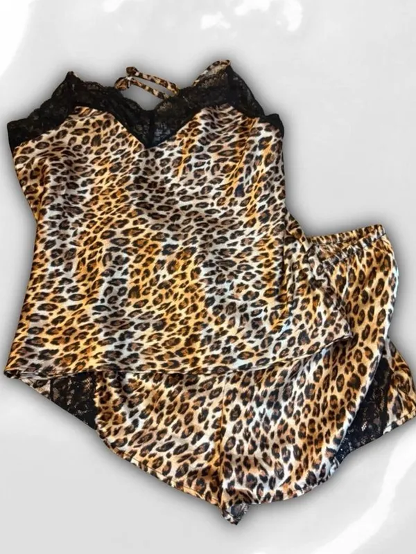 Vintage Leopard Satin Lace Trim Cami & Short Set - Y2k Pajamas Black/Leopard - Image 2
