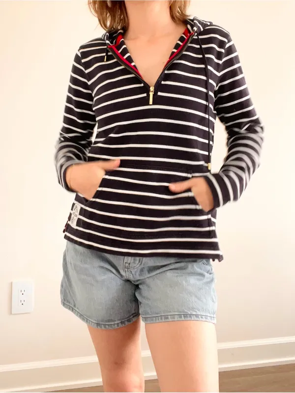 Ralph Lauren Navy and White Striped Half-Zip Hoodie with Red Accents - Image 6