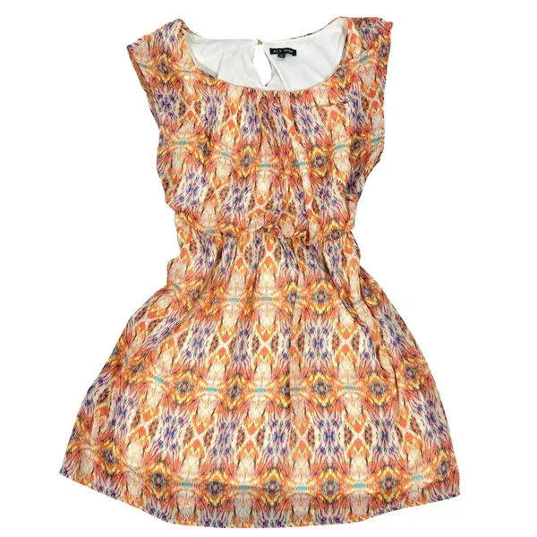 As You Wish Shift Dress Womens L Orange Abstract Print Chiffon Lined Cap Sleeve - Image 13