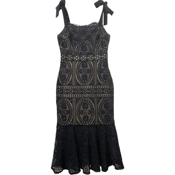 Two Sisters the Label Reneylla‎ Midi Dress Navy Crochet Trumpet Tie Strap Size 4 - Image 6