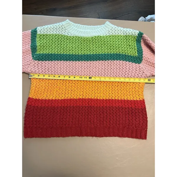 FARM Rio Women’s S Multicolor Rainbow Stripe Open Knit Crewneck Sweater Wool - Image 8