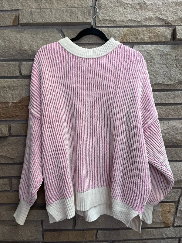 Aerie Beyond Chenille Pink & Cream White Sweater Ribbed Oversized Medium - Image 6