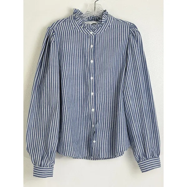 Sugarlips Button Down Shirt Blue White Striped Ruffle Neck Puff Sleeve Large - Image 3