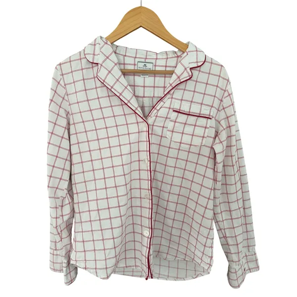 Petite Plume Women's Small Red Windowpane Cotton Pajama Top Button Front Sleep - Image 3