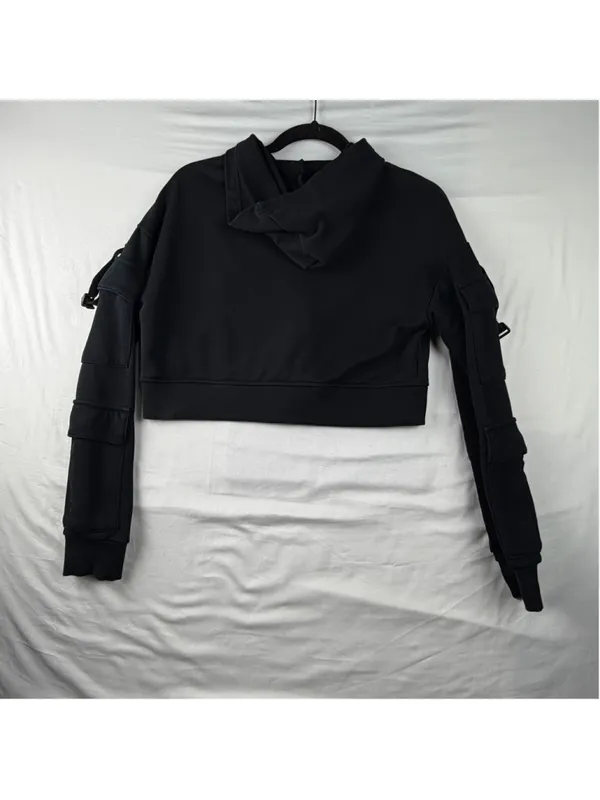 Qinsen Cropped Zip Up Hoodie XS Black Cargo Sleeve Utility Jacket Y2K Streetwear - Image 2