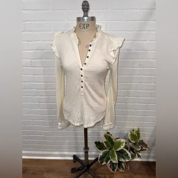 Anthropologie Pilcro Cream Ruffle-Shoulder Henley Long-Sleeve Top - Image 3