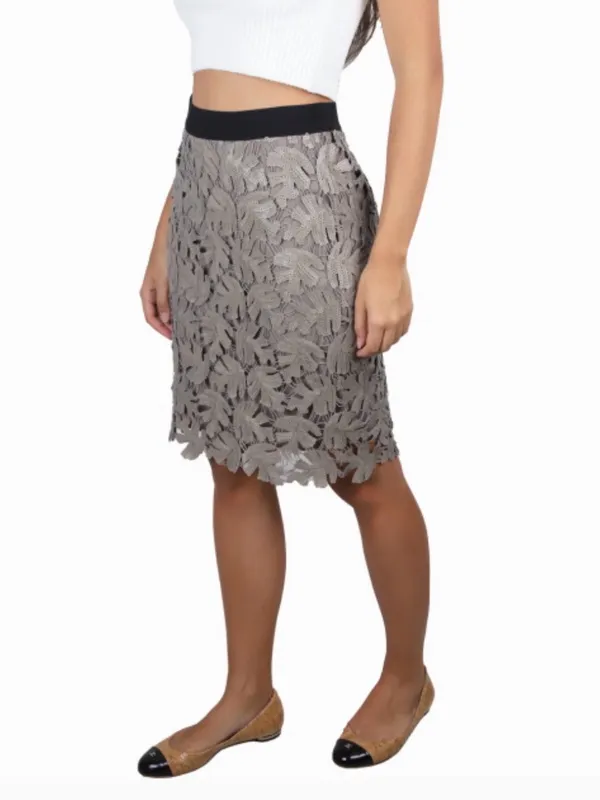BCBGMaxazria Sequined Mini Skirt Taupe Leaves Special Occasion Chic Designer L - Image 7