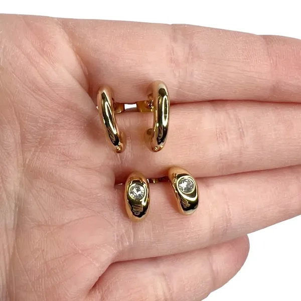 Shiny Gold Tone Huggie Hoops Rhinestone Pierced Earrings Set - Image 5