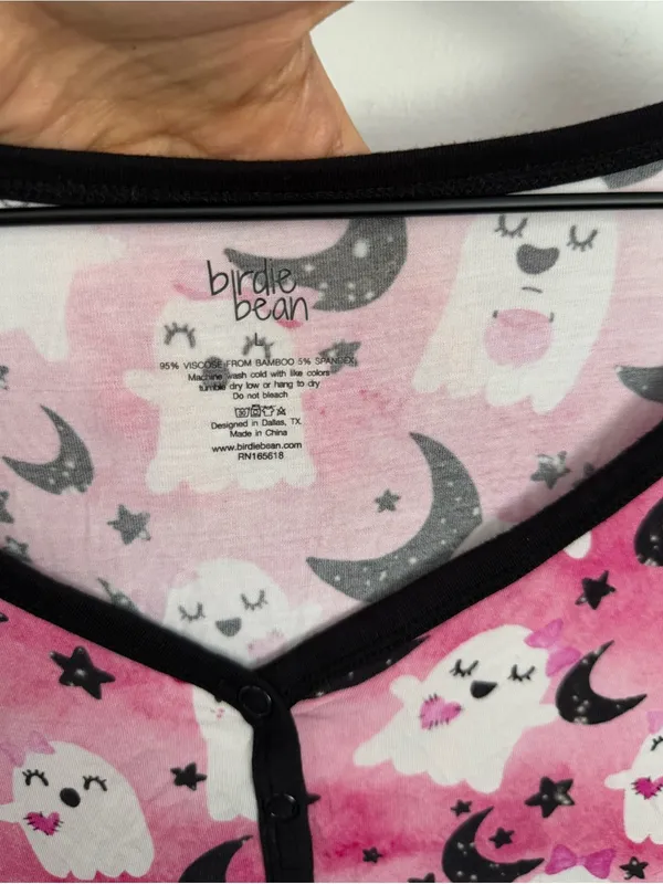 Birdie Bean‎ Large Ghost Print PJ Long Sleeve Henley Pink Black Bamboo Halloween - Image 2