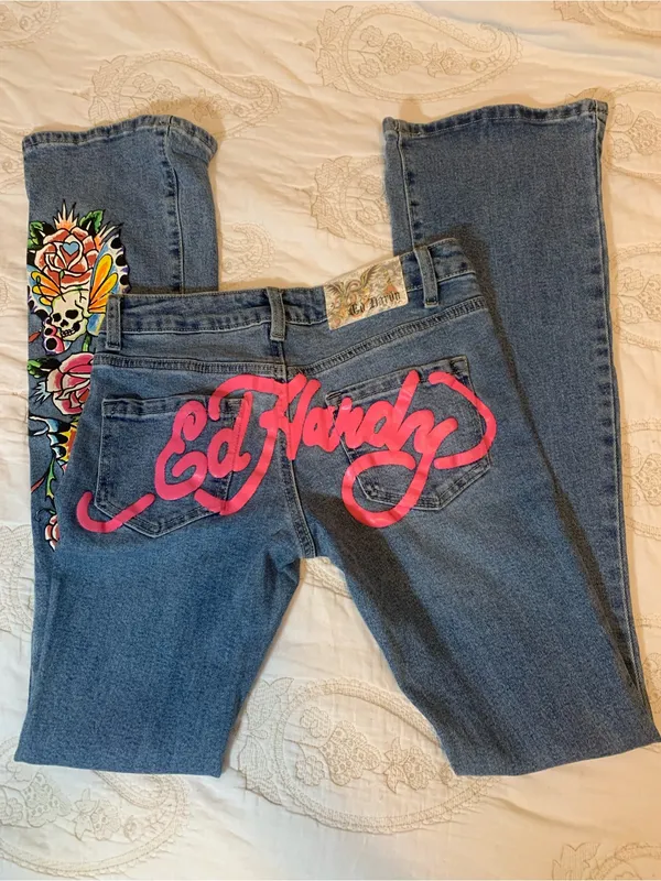 Vintage Ed Hardy Denim Bootcut Jeans Hot Pink Logo & Embroidery Ladies Sz 24 - Image 2