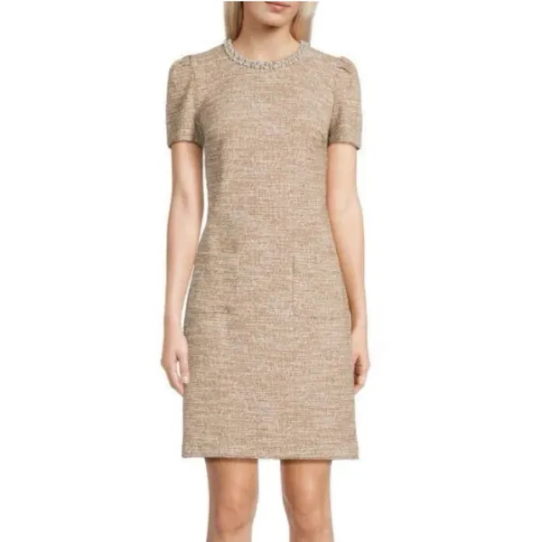 NWT KARL LAGERFELD PARIS Knit Tweed Dress with Front Pockets and Embellished 14 - Image 3