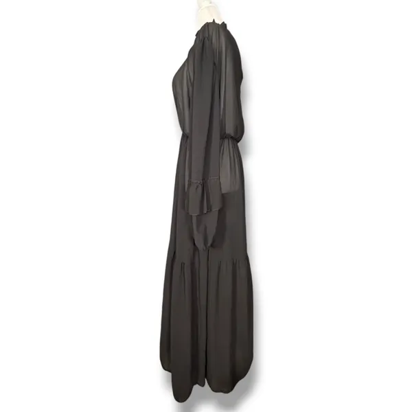 Black Sheer Maxi Dress Ruffle High Neck Tiered Long Sleeve Goth Victorian Witchy - Image 5