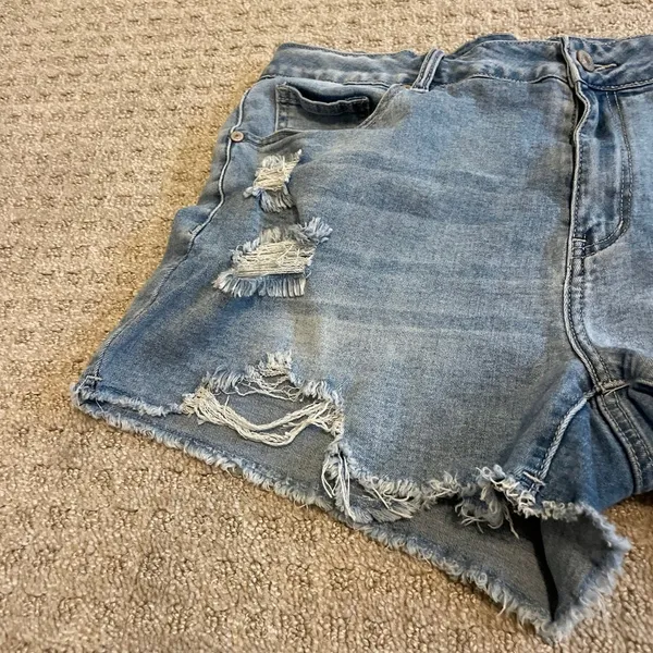 Boutique Light Blue Denim Wash Distressed Cut Off Jean Shorts XL - Image 4