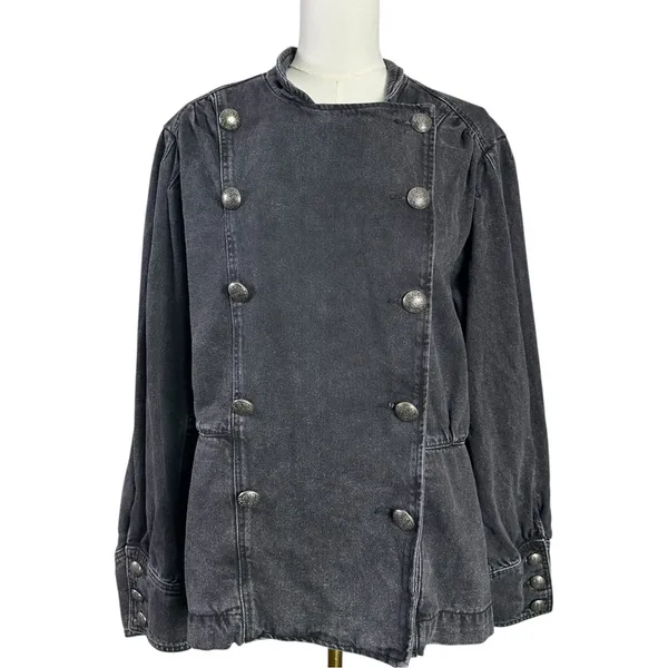 Free People Imogene Denim Officer Jacket in Odyssey Black Military Denim Medium - Image 5
