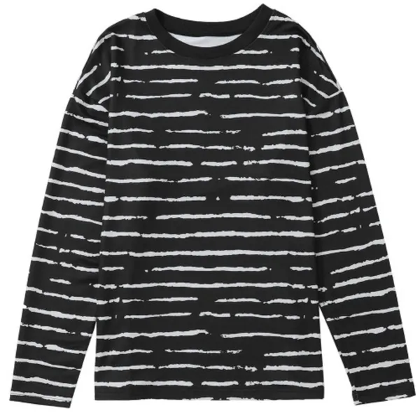 NEW Black Long Sleeve Casual Crewneck Top with White Abstract Stripes - Image 7