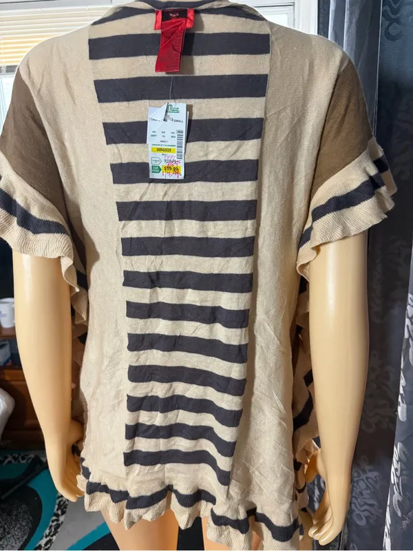 V Cristina Cream & Brown Striped Ruffle Sleeve Tunic - Image 4