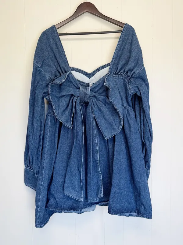 ASOS Luxe Curve Denim Baby Doll Long Sleeve Mini Dress with Bow Back Blue 16 - Image 8