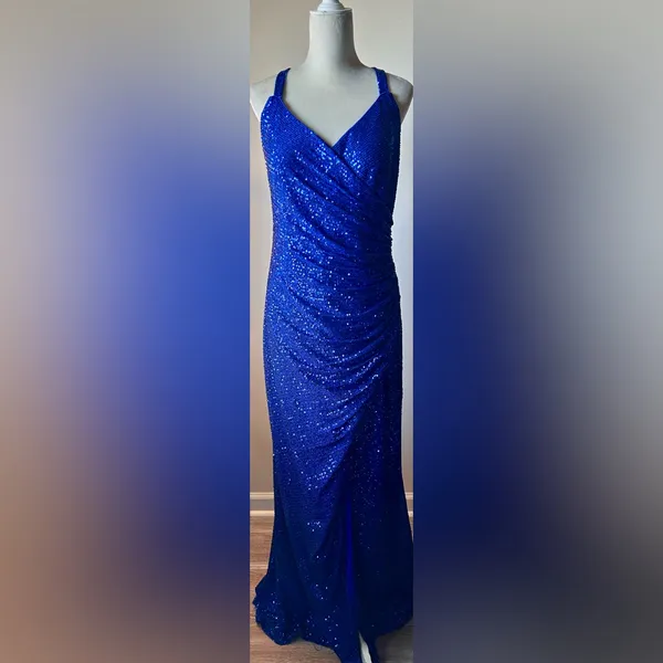 LA FEMME Curve Blue Sequin Formal Thigh‎ Slit Open Back Dress Sz 16 Homecoming - Image 16