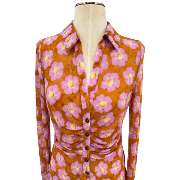 Free People Lucky Shirt Mesh Floral Ruched Button Front‎ Coffee Combo Medium - Image 4
