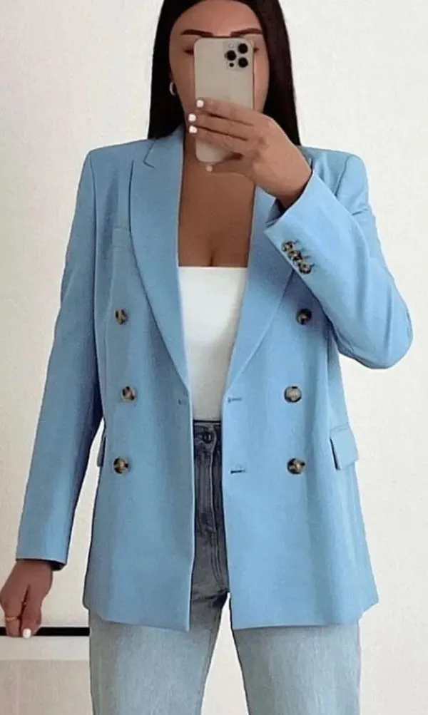 ZARA blazer suit jacket double breasted relaxed long baby blue - Image 2